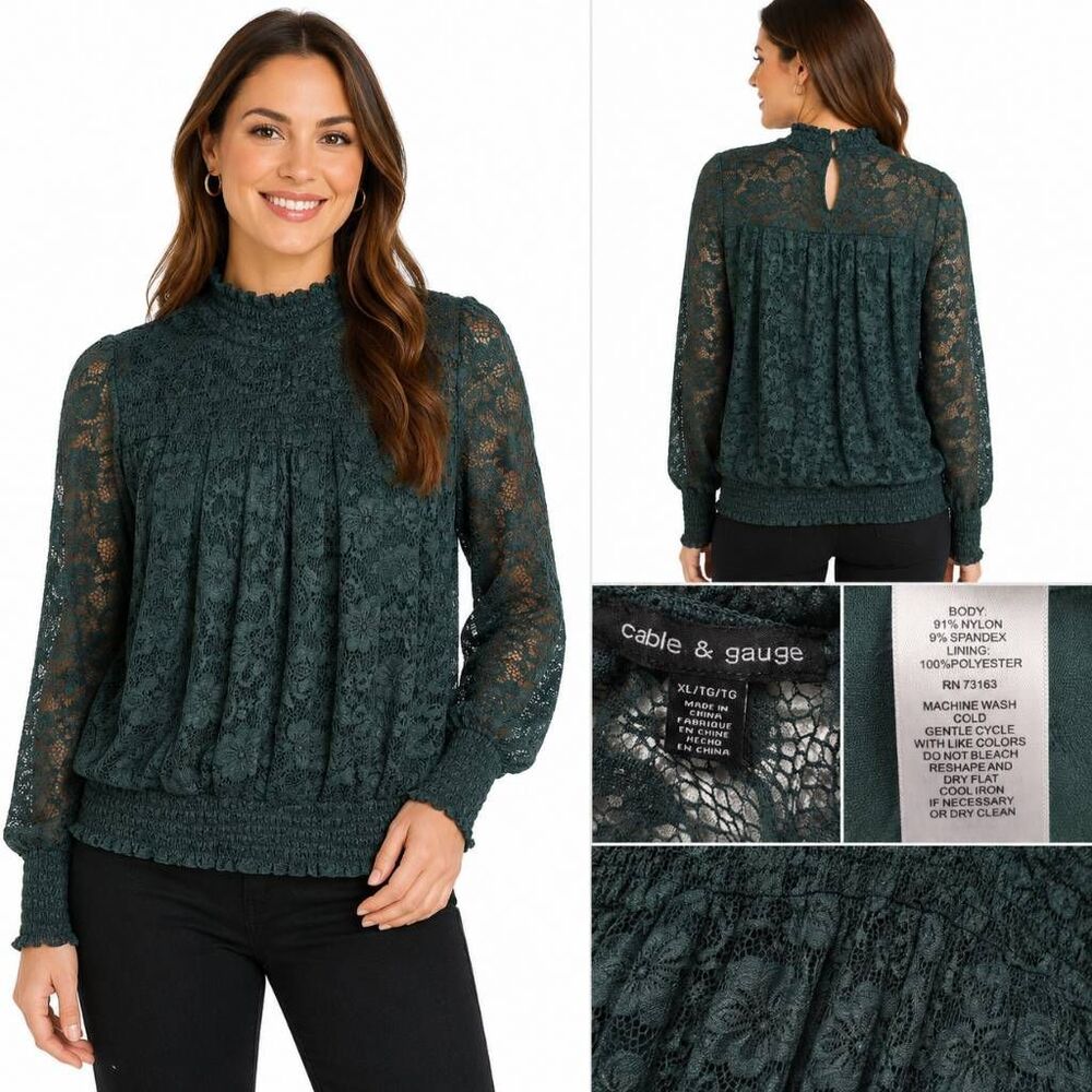 Cable & Gauge Green Lace Mock Neck Blouse XL